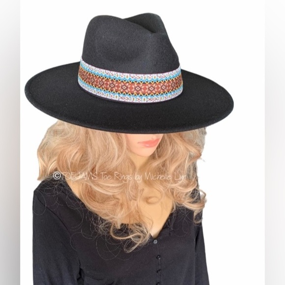 HAT Black Fedora Felt Hat Attached Tribal Print Hat Band New Cowboy Western … - Picture 3 of 4